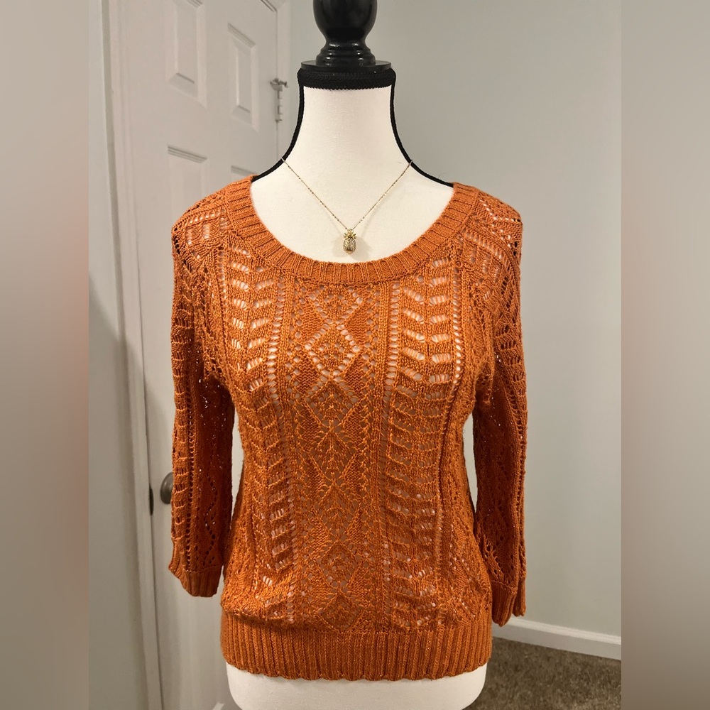 Orange with Gold Thread Cable Knit Crew Neck Sweater with Relaxed Fit